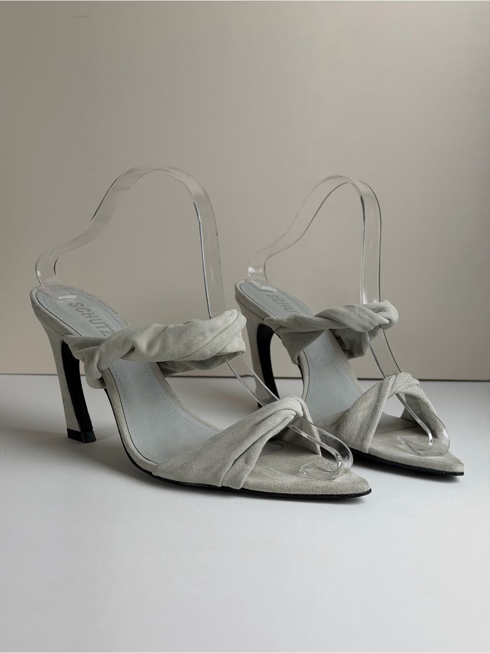 Schutz Meline Suede Knotted Mule Heels Light Gray Pointed Toe Sandals Size 7.5